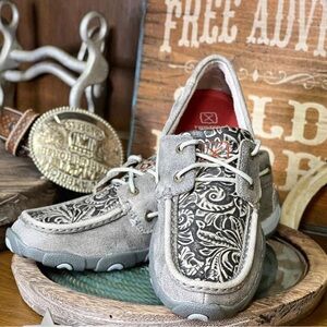 Twisted X Women's Grey Tooled Boat Shoe Driving Mocs